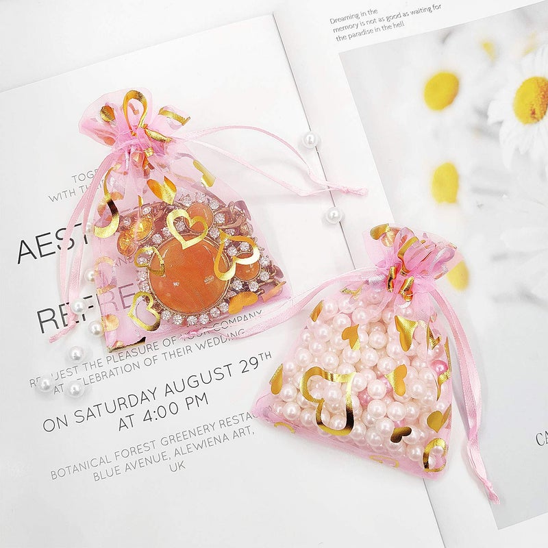 SumDirect 100Pcs 3.5x4.7 inch Sheer Pink Drawstring Heart Organza Favor Gift Bags Wedding Party Christmas Jewelry Pouches - Image 3